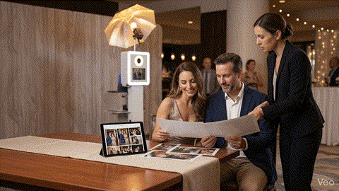 Clients reviewing original event photo files and prints with a beÜtiful Pixels photo booth in the background