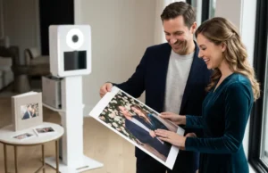 Couple smiling while holding a large printed photo enlargement from a beÜtiful Pixels photo booth event, with the booth visible in the background.