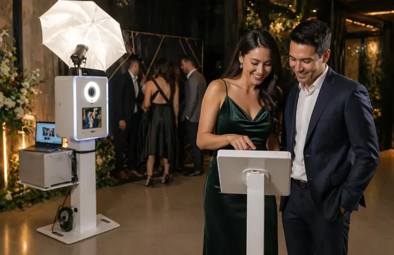 Guests using a Share Station touchscreen while the main photo booth remains available for the next group at an event.