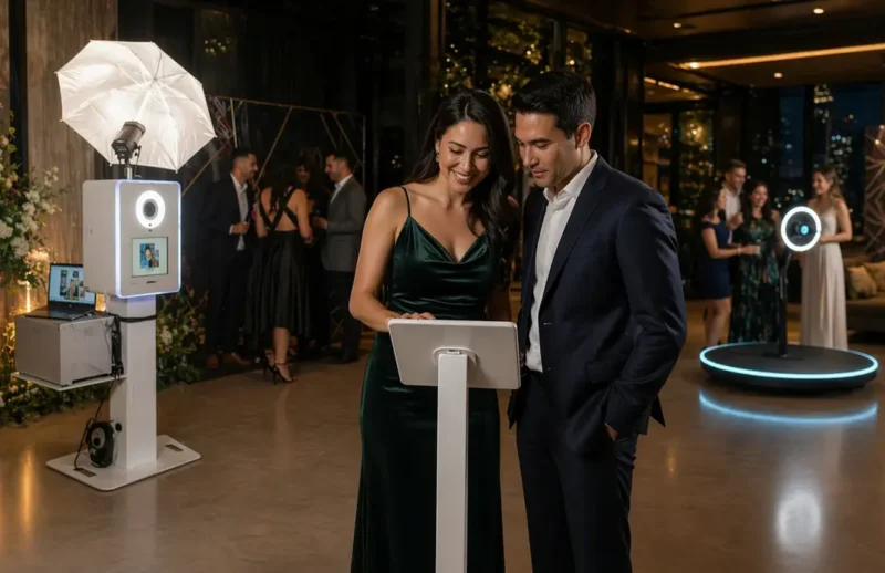 Guests using a Share Station while a beÜtiful Pixels photo booth and 360 booth continue serving attendees at an elegant event.