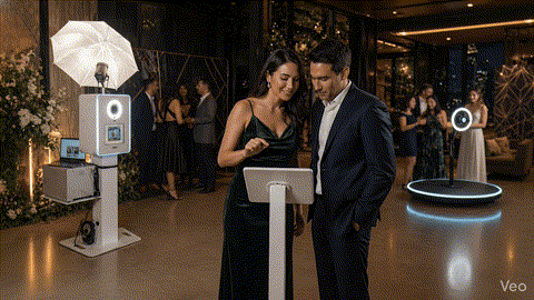 Guests using a Share Station while a beÜtiful Pixels photo booth and 360 booth continue serving attendees at an elegant event.