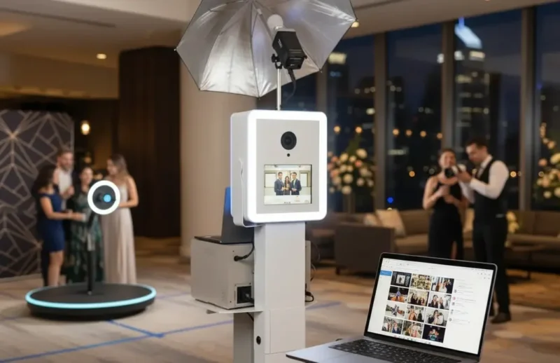 Photo booth and 360 booth setup at an event showing Raw Media Add-On support across multiple beÜtiful Pixels experiences.