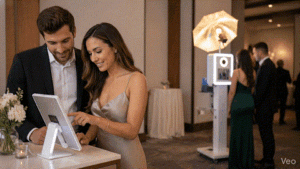 Wedding guests using a Share Station to access and send photo booth images while the main booth continues operating smoothly.
