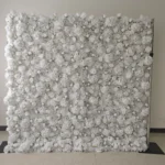 Front view of white flower wall backdrop used for photo booth events
