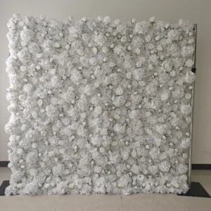 Front view of white flower wall backdrop used for photo booth events
