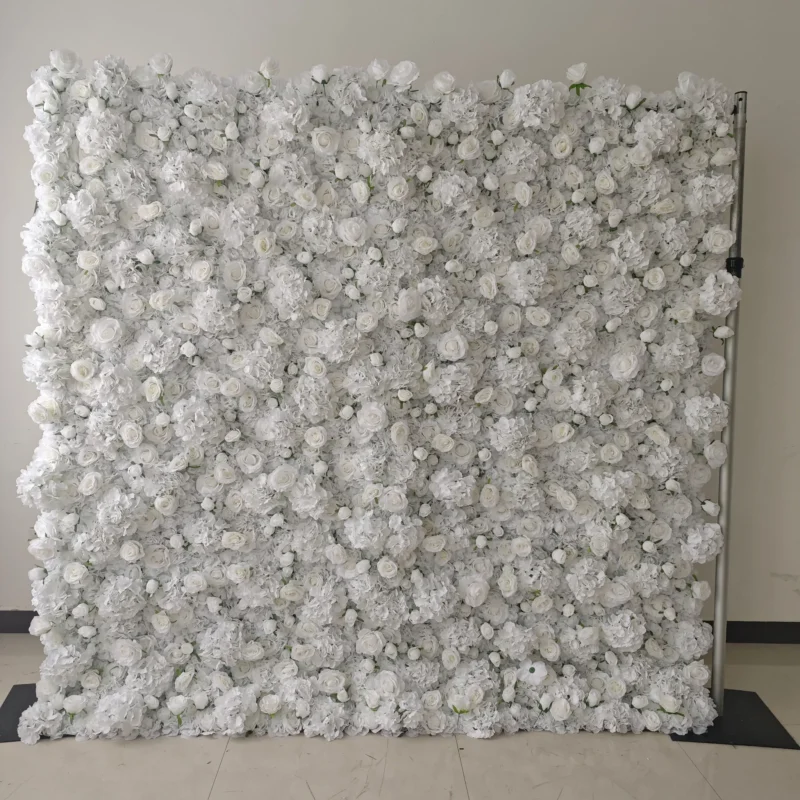 Front view of white flower wall backdrop used for photo booth events